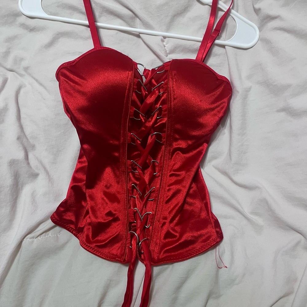 Satin Lace-Up Corset Top - Red